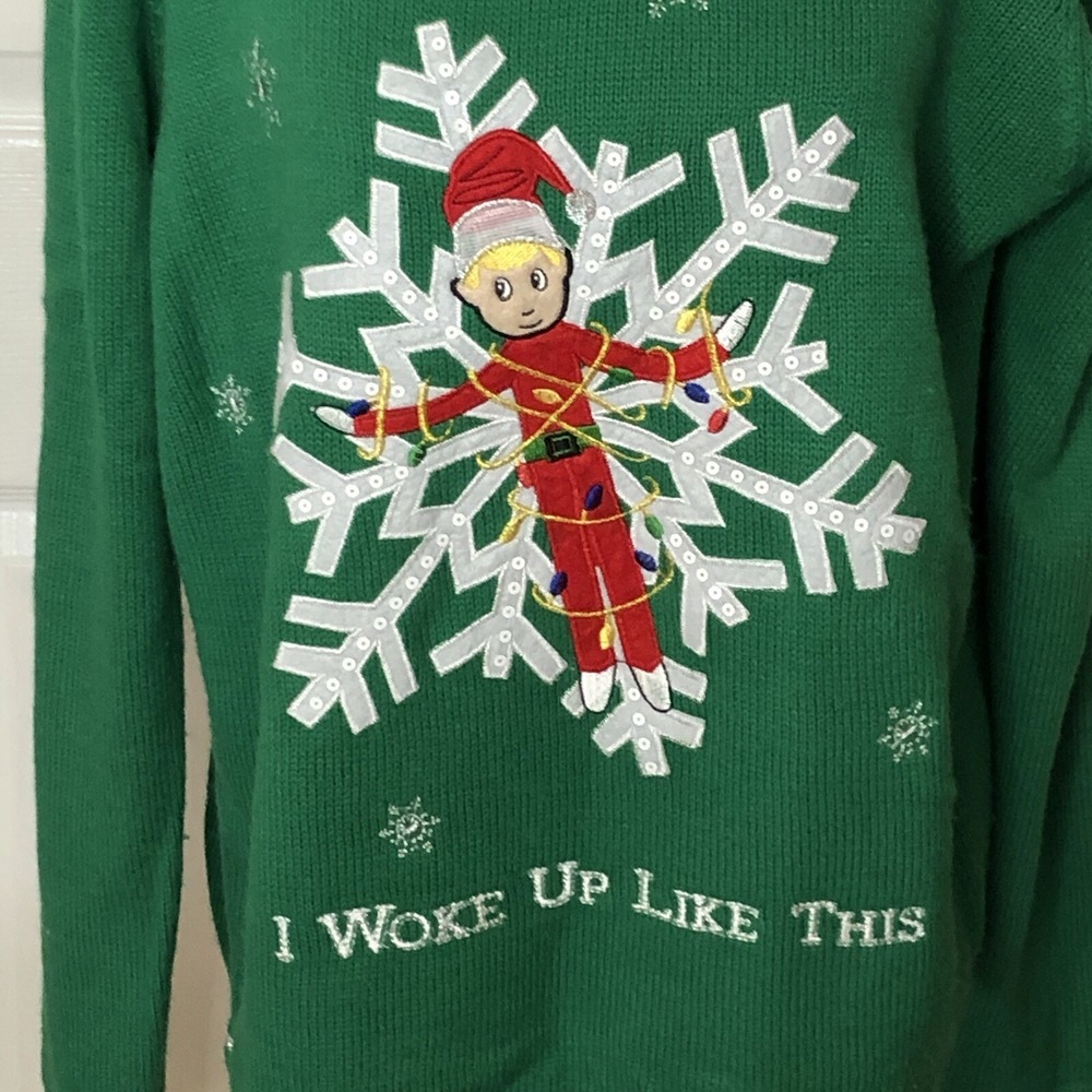 Cute Ugly Christmas Sweater Elf Tied To Snowflake w/ Lights Women's X L